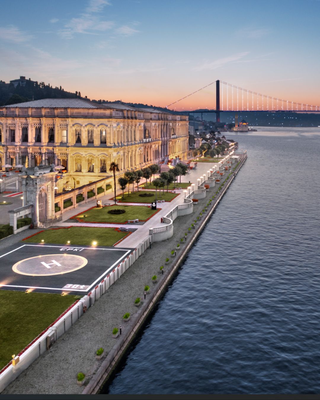 The waterfront side of  Çırağan Palace Kempinski looking over the Bosphorus Strair